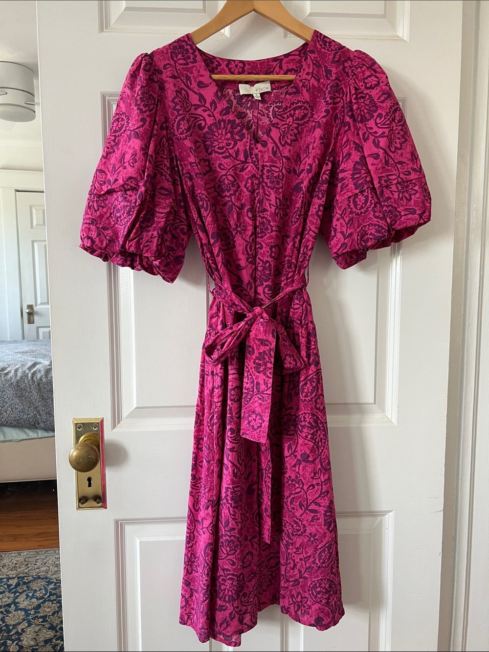 Pinch Magenta Paisley Midi Dress with Puff Sleeves